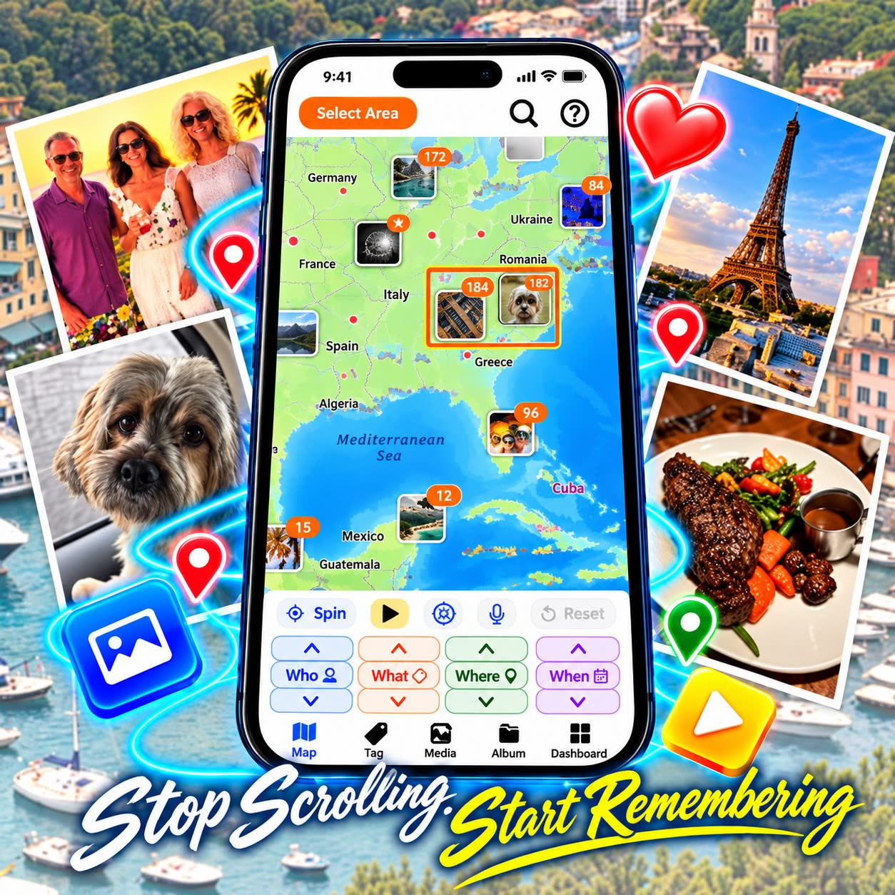 Findmmm On This Day, map, and Spin your Wheels views